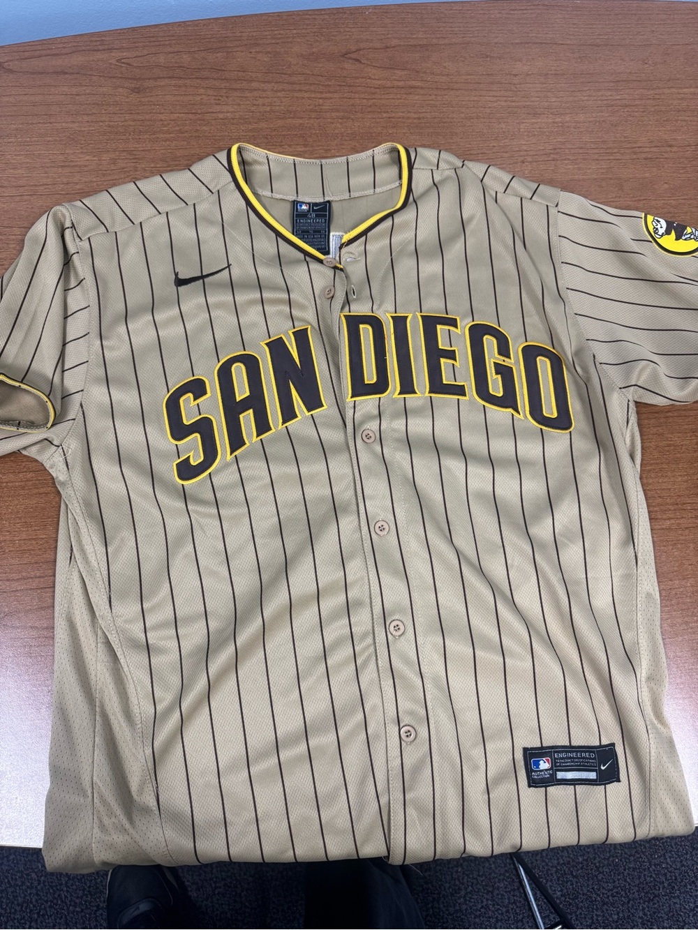 Nike San Diego Fernando Tatis jr Tan Pinstripe Baseball Jersey with Yellow Trim